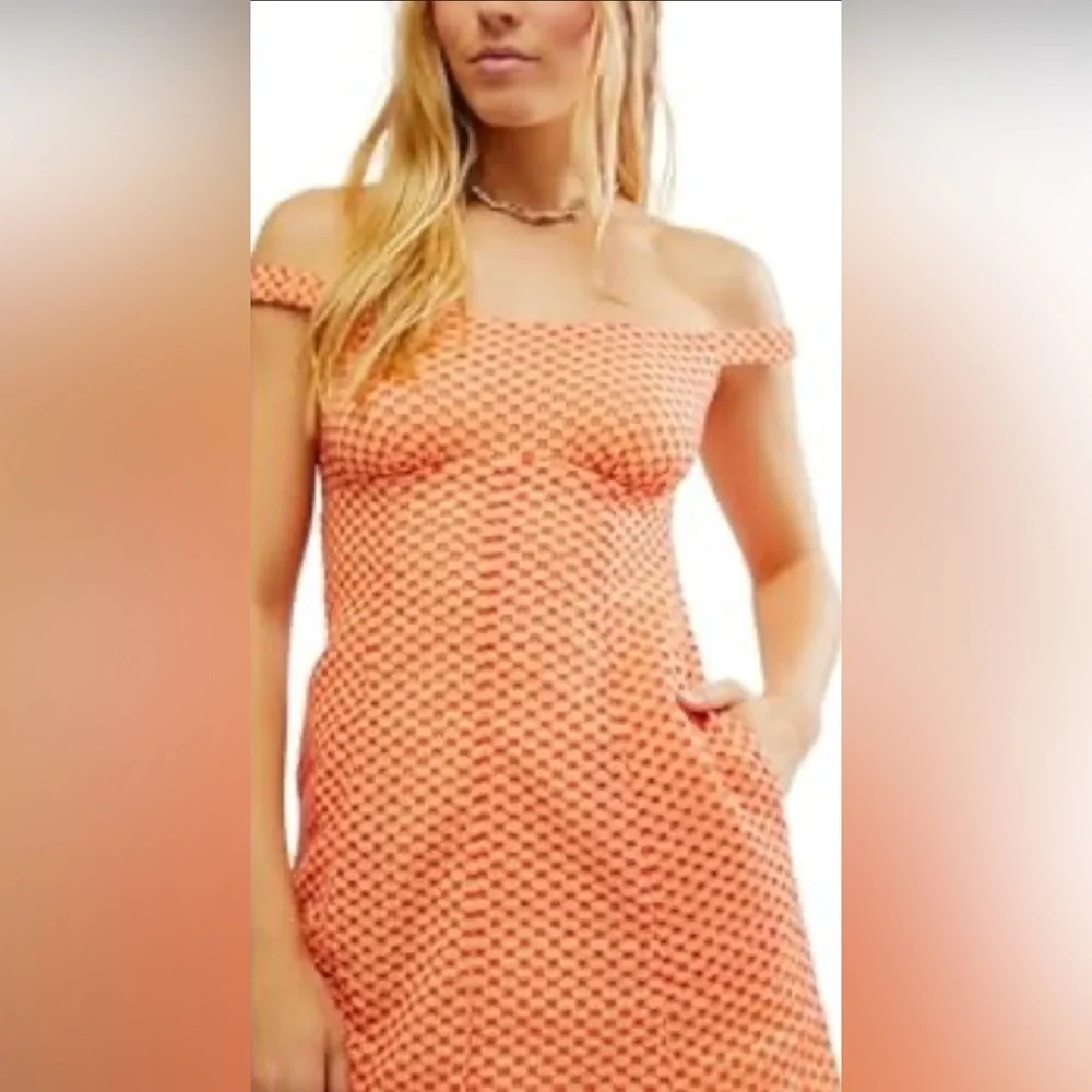 Free People Berry Kiss Peach Off the Shoulder Mini Dress Size Medium Smock Back